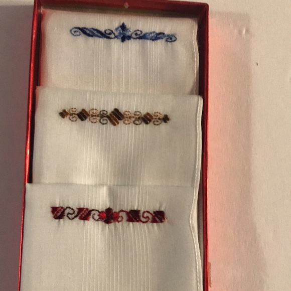 Handkerchief Set of 3 Blue, Brown and Red Stitching still pinned in box … - Picture 2 of 10